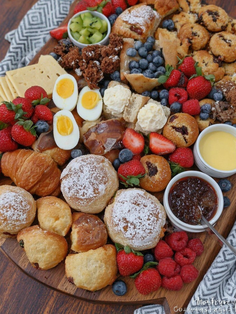 Spring Brunch Board with Eggs, Pastries, Fruit & Dips