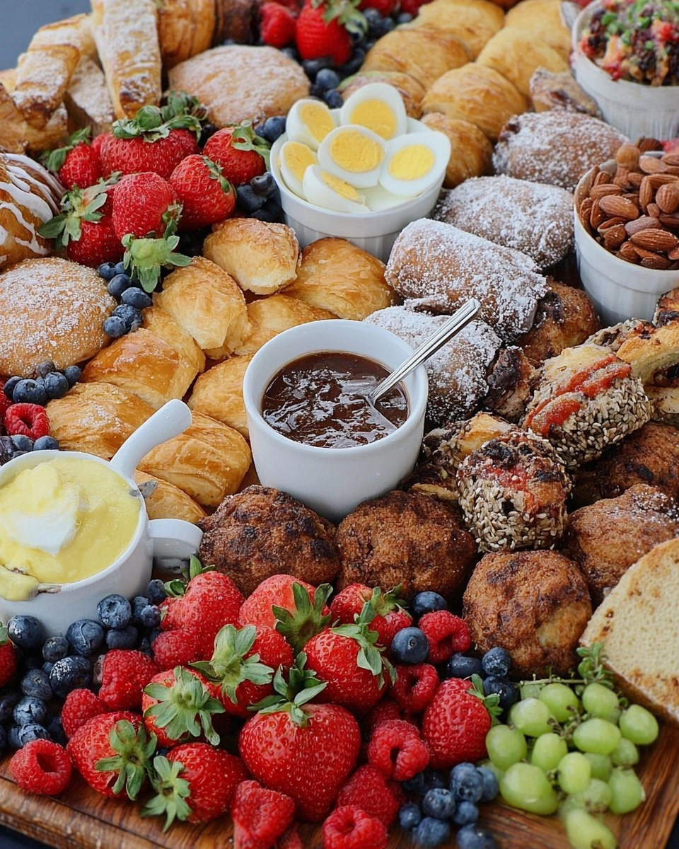 Spring Brunch Board with Eggs, Pastries, Fruit & Dips