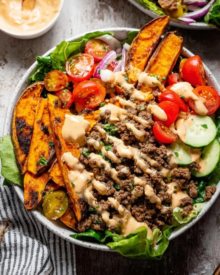 Burger-Bowls-with-Chipotle-Ranch-Sweet-Potato-Fries-Recipe