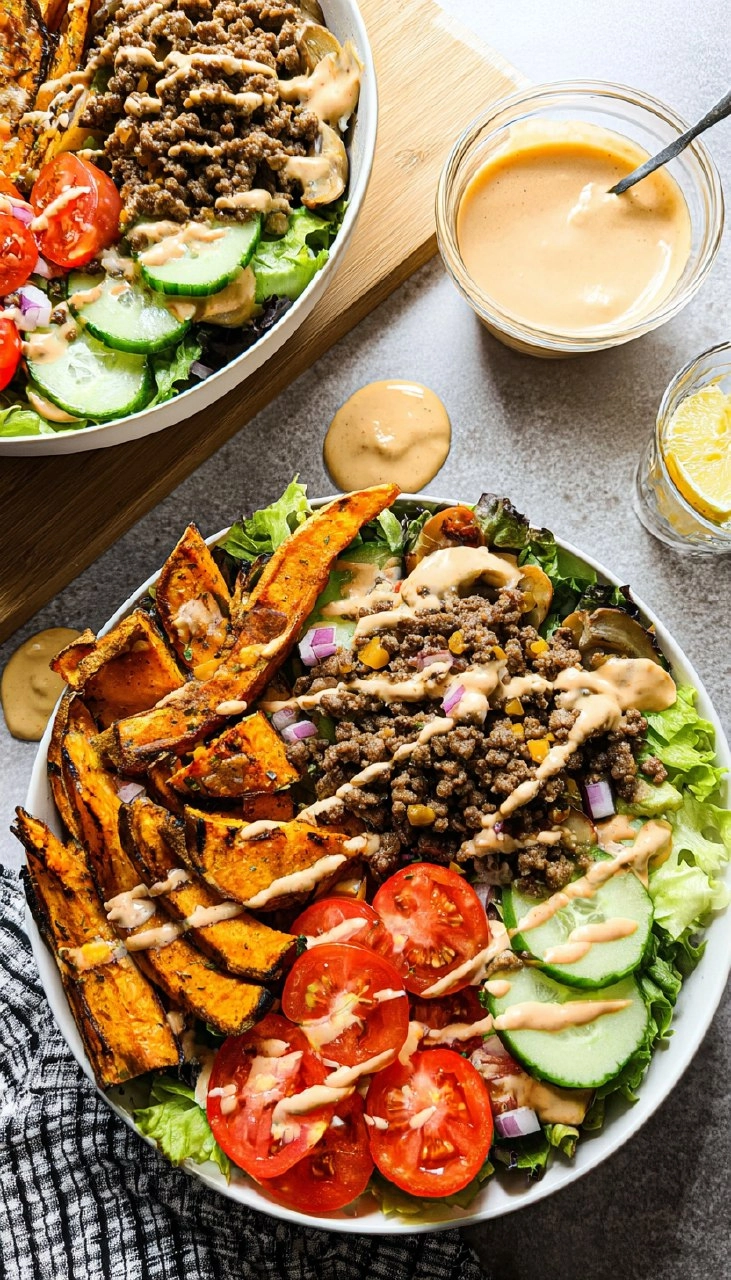 Burger Bowls with Chipotle Ranch Sweet Potato Fries 115 Burger Bowls with Chipotle Ranch Sweet Potato Fries