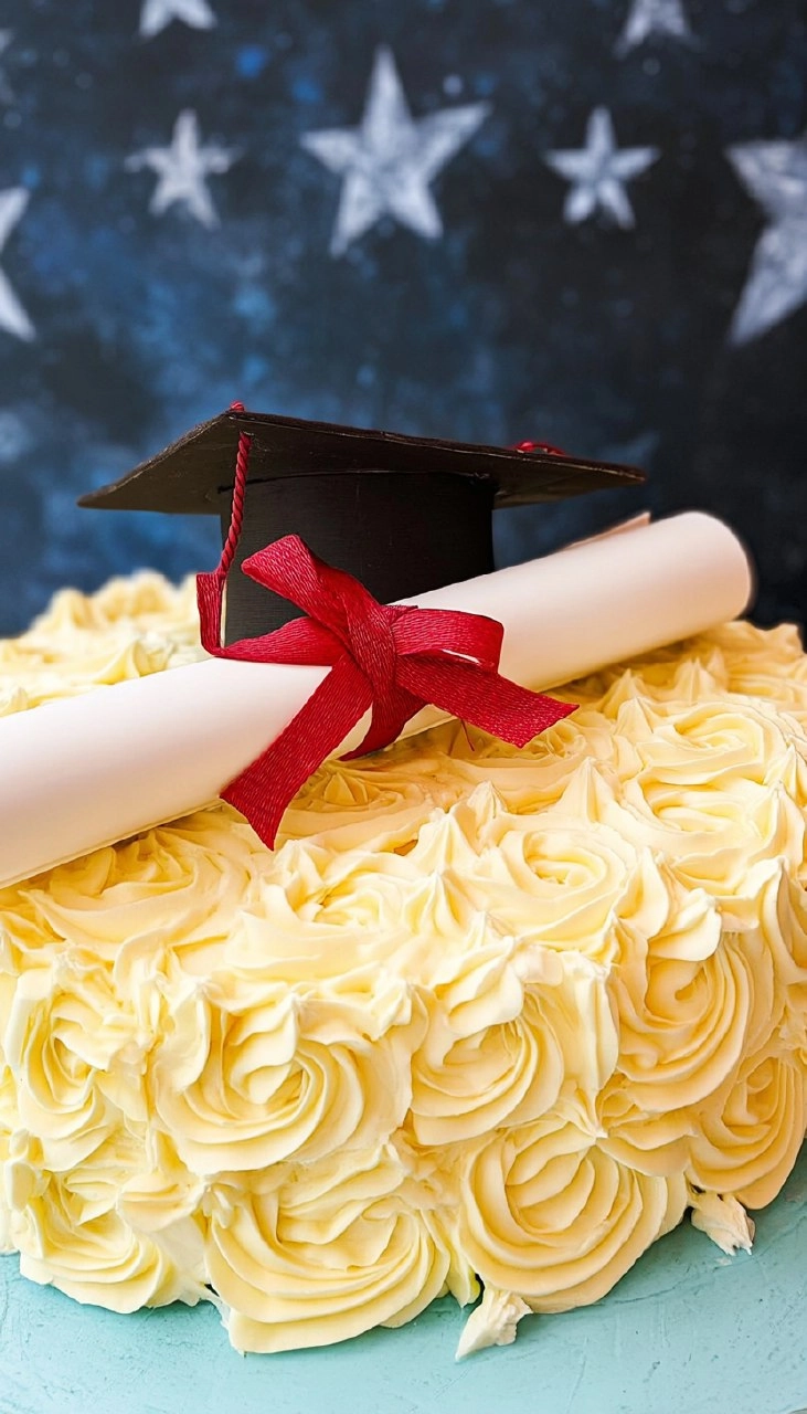 Elegant Graduation Cake with Fondant Cap Topper 105 Elegant Graduation Cake with Fondant Cap Topper