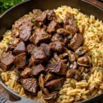 Steak-Bites-with-Creamy-Mushroom-Orzo-Recipe
