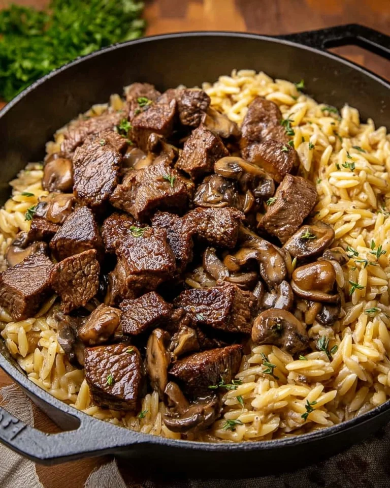 Steak-Bites-with-Creamy-Mushroom-Orzo-Recipe