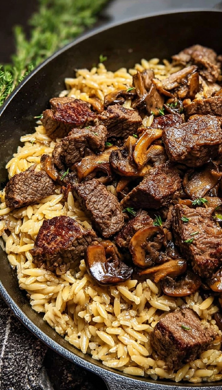 Steak Bites with Creamy Mushroom Orzo