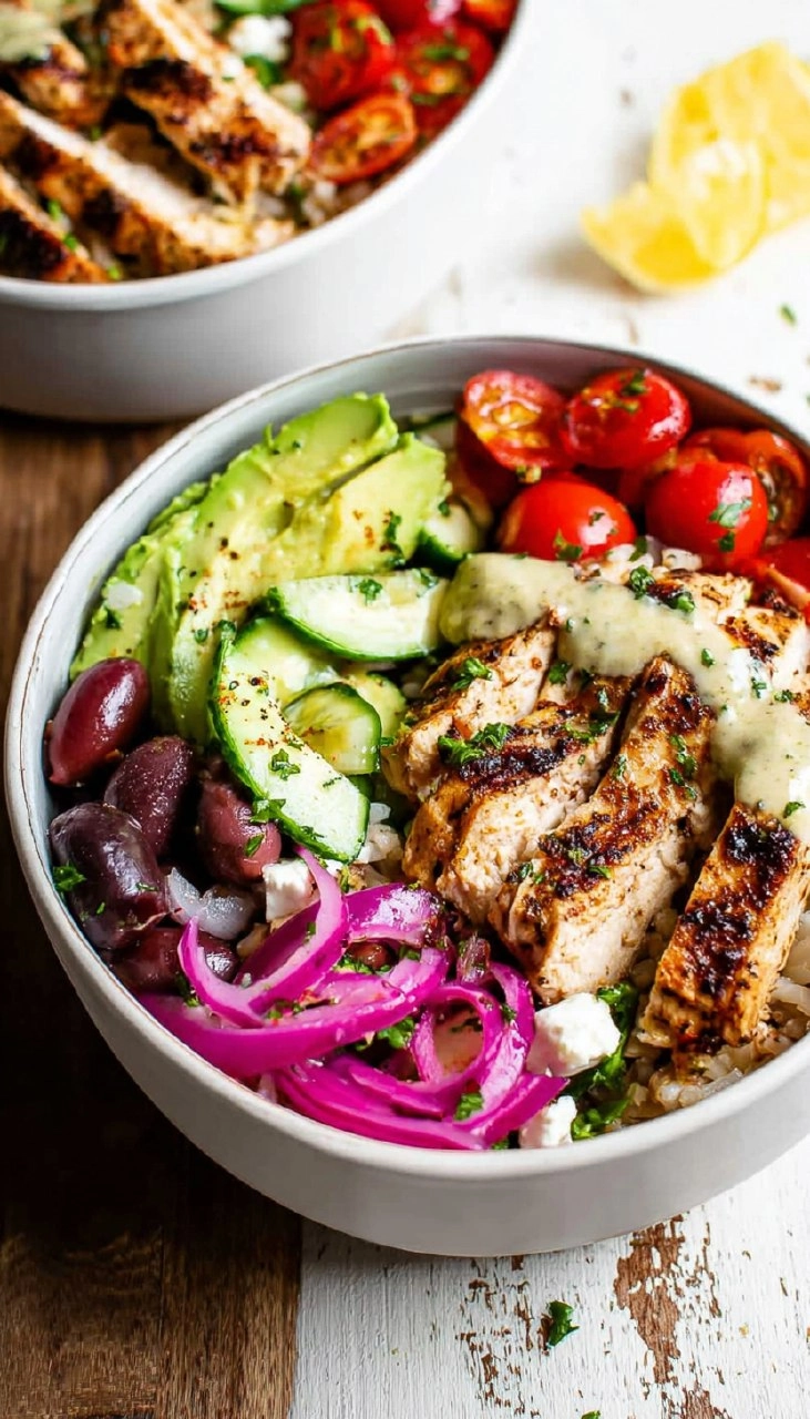 Greek Chicken Bowls with Lemon Garlic Tahini Sauce (Healthy Mediterranean Bowls)