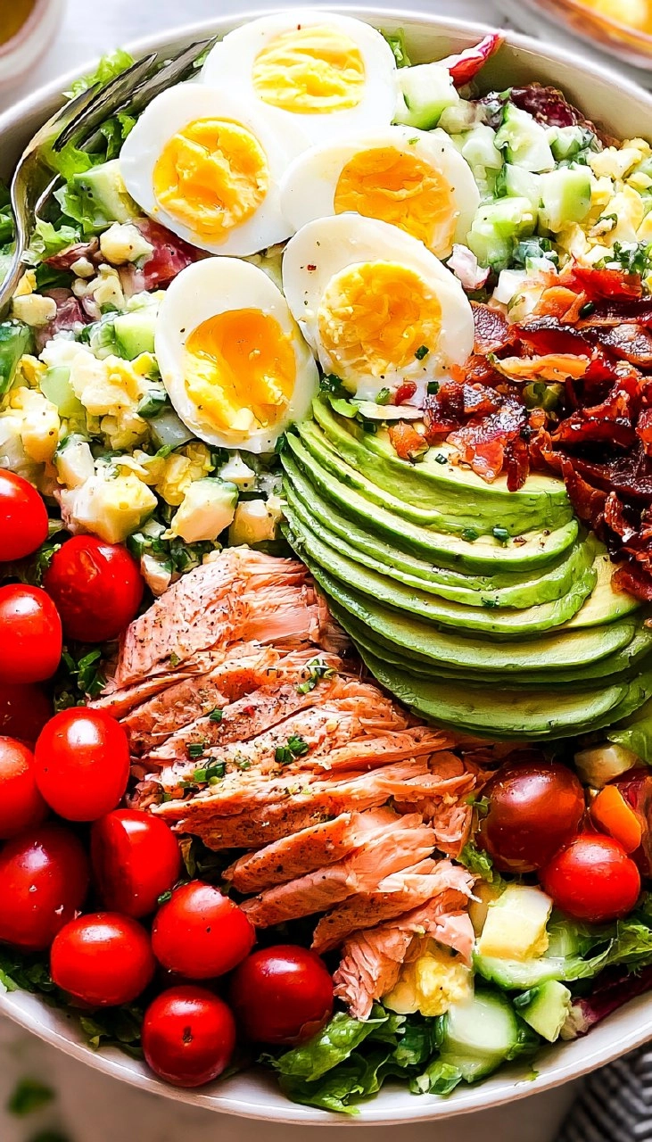 Salmon Cobb Salad with Avocado and Bacon (Whole30, Keto) 135 Salmon Cobb Salad with Avocado and Bacon (Whole30, Keto)