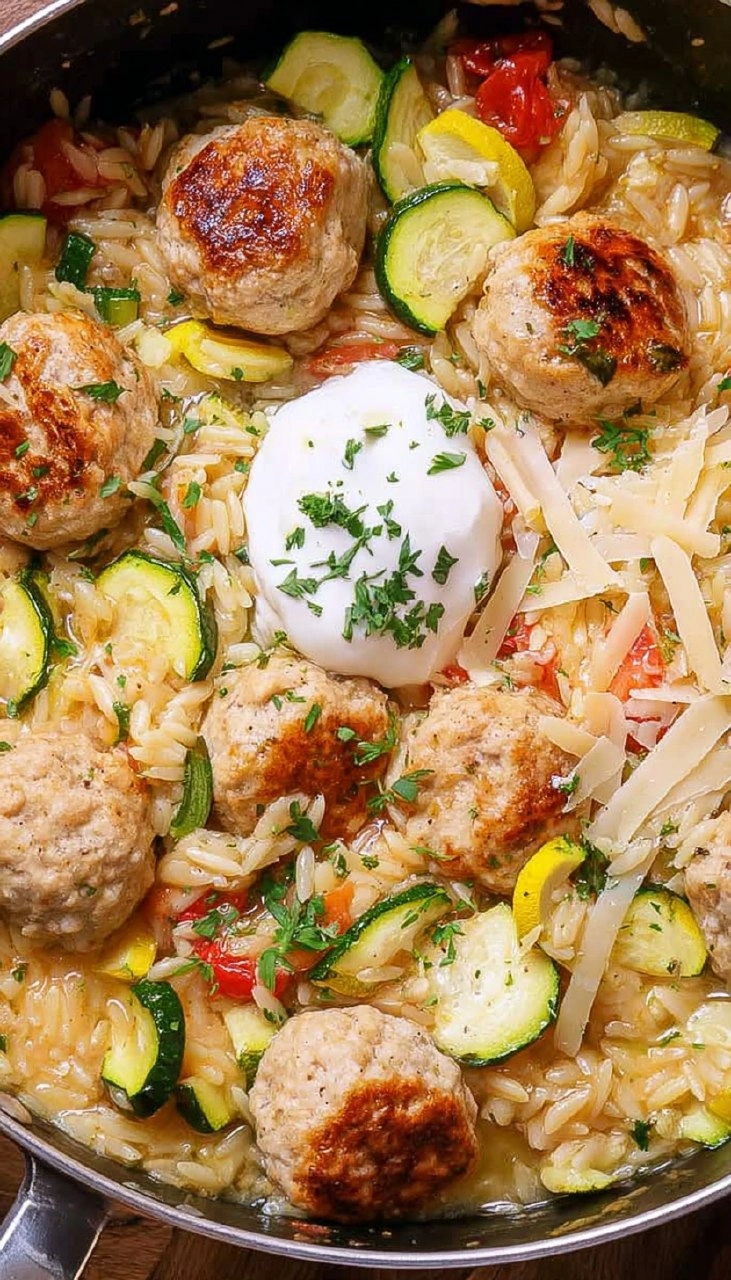 Summer Squash Orzo Skillet with Chicken Meatballs