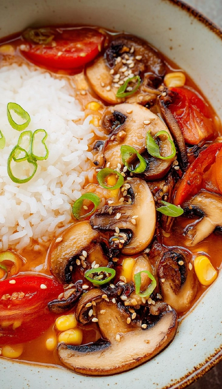 Tomato Miso Soup with Garlic Sesame Mushrooms